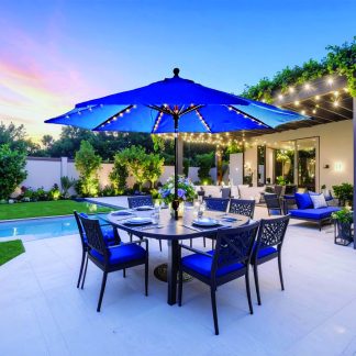 Galtech 936 9ft round navy blue patio umbrella with integrated LED lights