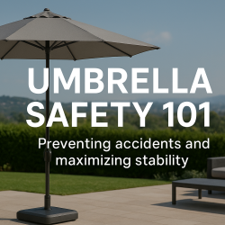 Patio umbrella securely anchored with a heavy base, set on a sunny outdoor deck with chairs, illustrating safe and stable umbrella setup.