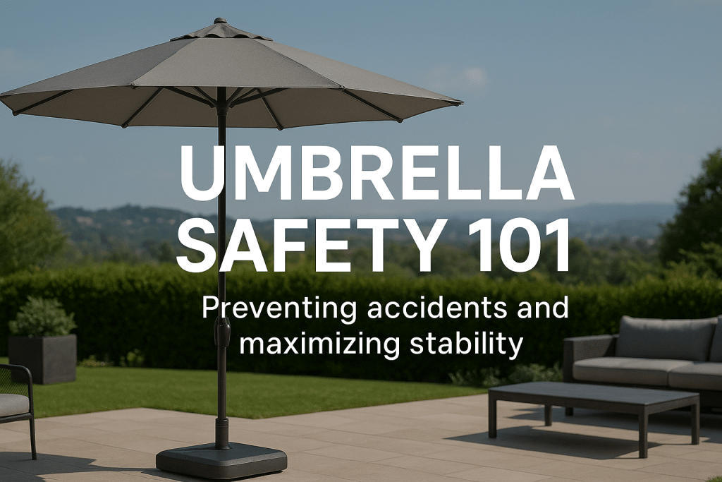 Patio umbrella securely anchored with a heavy base, set on a sunny outdoor deck with chairs, illustrating safe and stable umbrella setup.